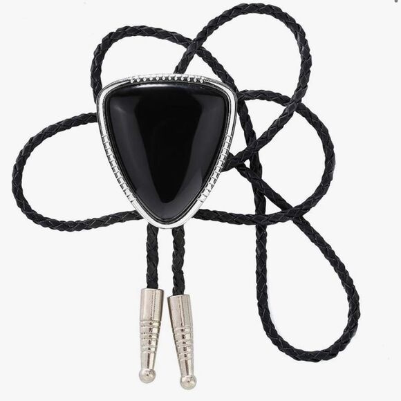 Triangle Black Agate Stone Bolo Tie Mens Casual Western Cowboy Accessory - Picture 1 of 6